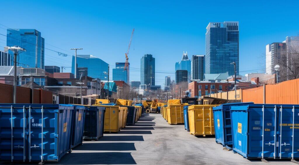 Construction dumpsters lined up in downtown Nashville, TN