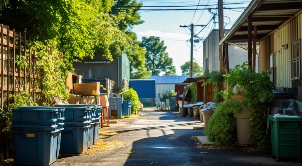 Grocery store back alley in Nashville, TN, with clean, organized dumpsters