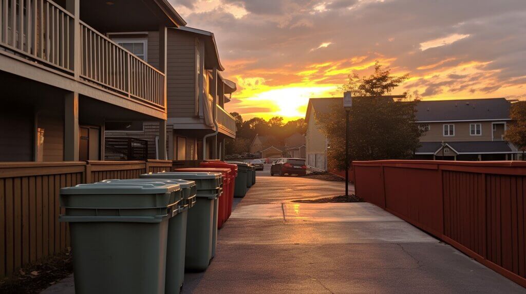 Nashville apartment complex at sunset, with a clean, green dumpster nearby