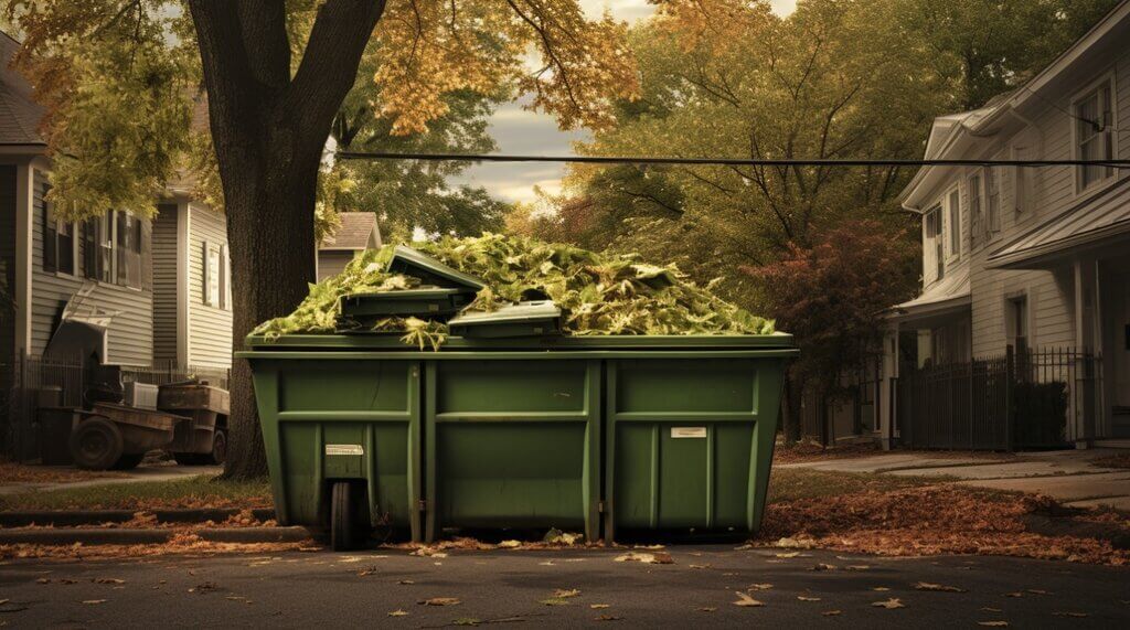 green dumpster parked in a residential street in Nashville