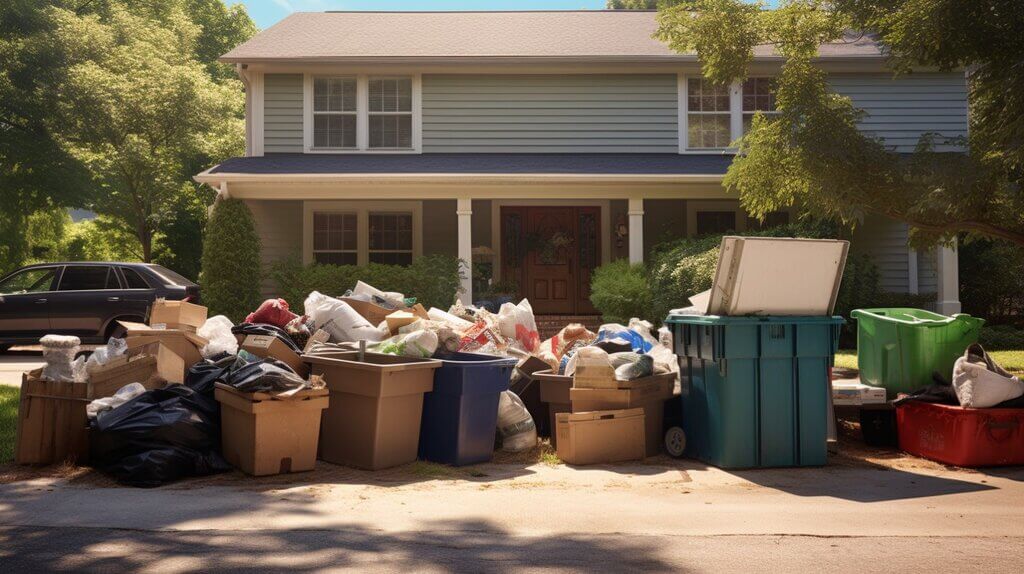 spacious residential driveway with a neatly stacked pile of discarded household items