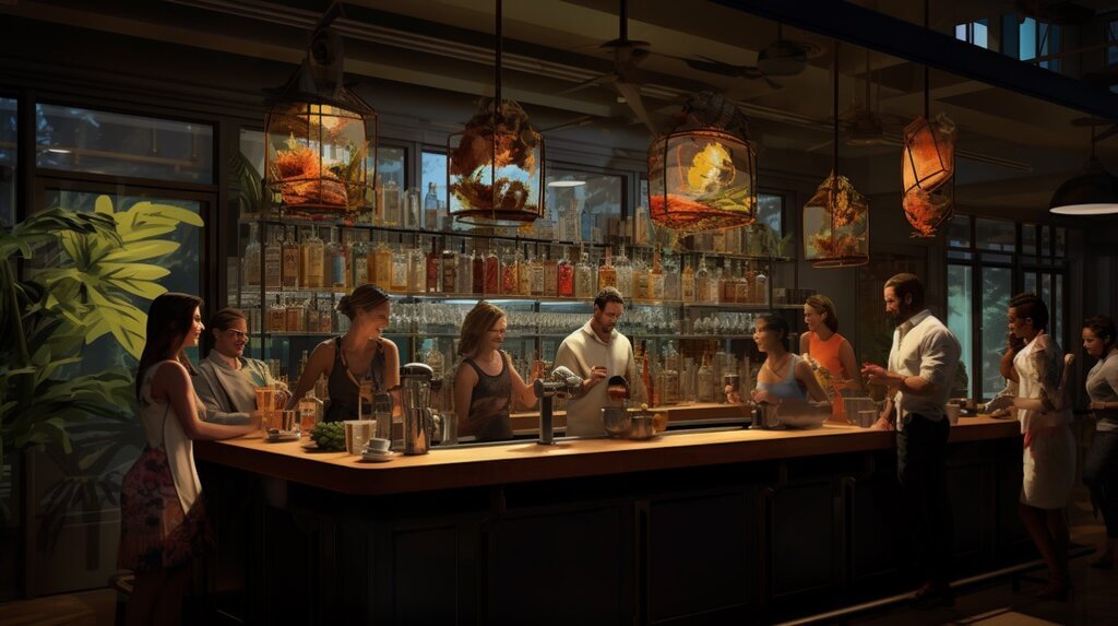 a bustling Nashville bar scene with patrons joyfully sipping cocktails